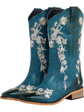 Women's Blue Floral Rhinestones Wide Calf Square Toe Cowboy Boots Western Boots